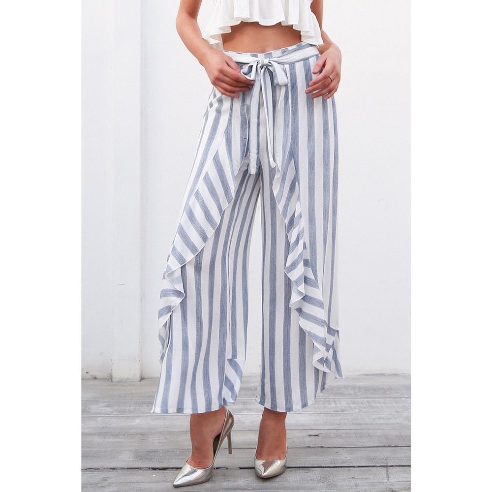 High Waisted Chiffon Striped Palazzo Pants Ruffles - Picture 1 of 13